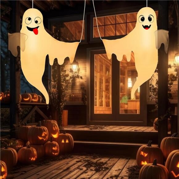 2 Pcs Halloween Porch Decoration Cute Ghost Decoration, with Timer and LED - Picture 6 of 8